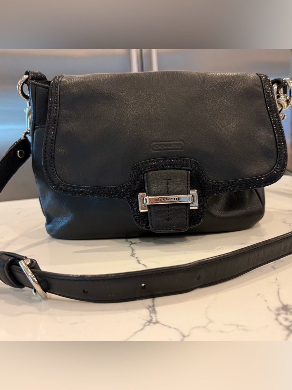 Coach Taylor Leather Crossbody. Polished Silver Hardware. Lots of pockets!